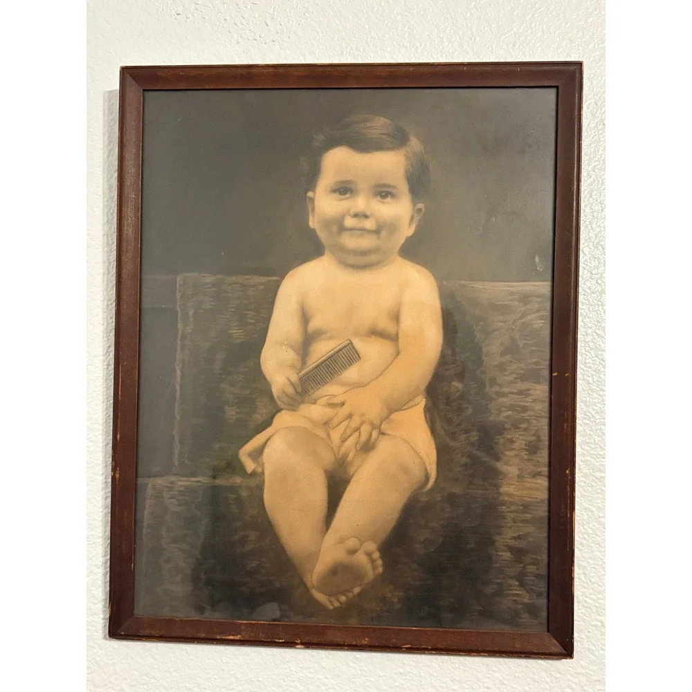 Vintage Antique Hand Colored Photo Print Portrait Baby Child Holding Comb Wood F